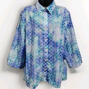 Alfred Dunner Embroidered Eyelet Button Front Top Size L Tie-Dye Art to Wear